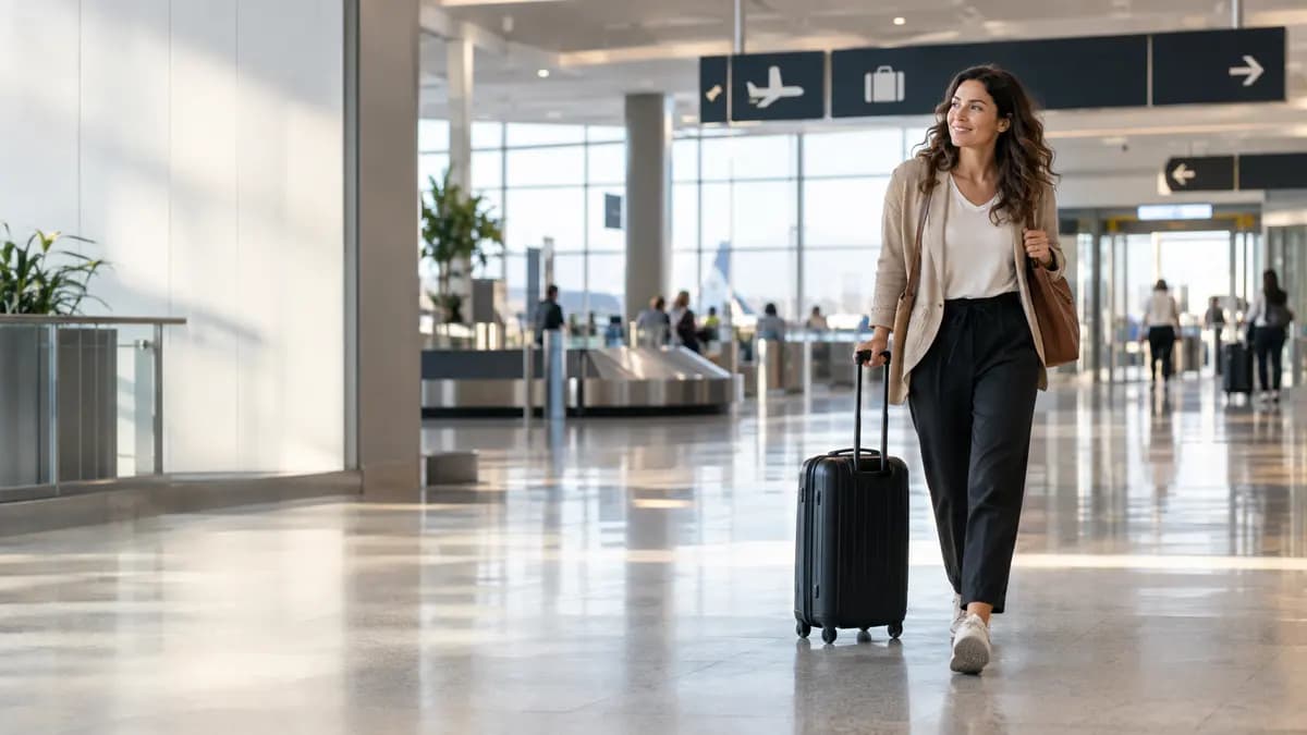 Traveler walking through airport arrivals with a suitcase
